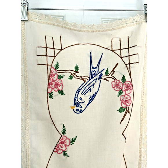 Dresser Scarf Table Runner Parrot Bird Vintage Linen Handmade Needlepoint 42x14" - Picture 5 of 6